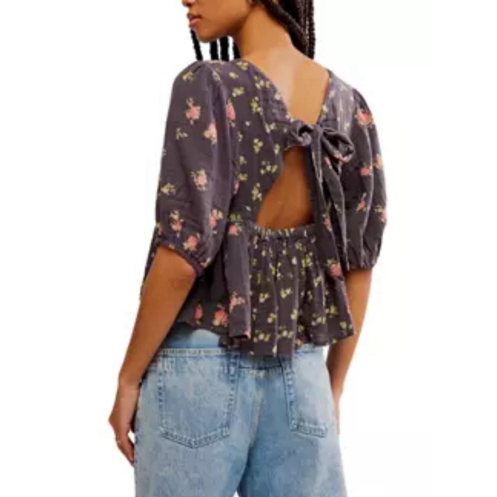 Free People Charcoal Floral Open-Back Tie Peplum Top